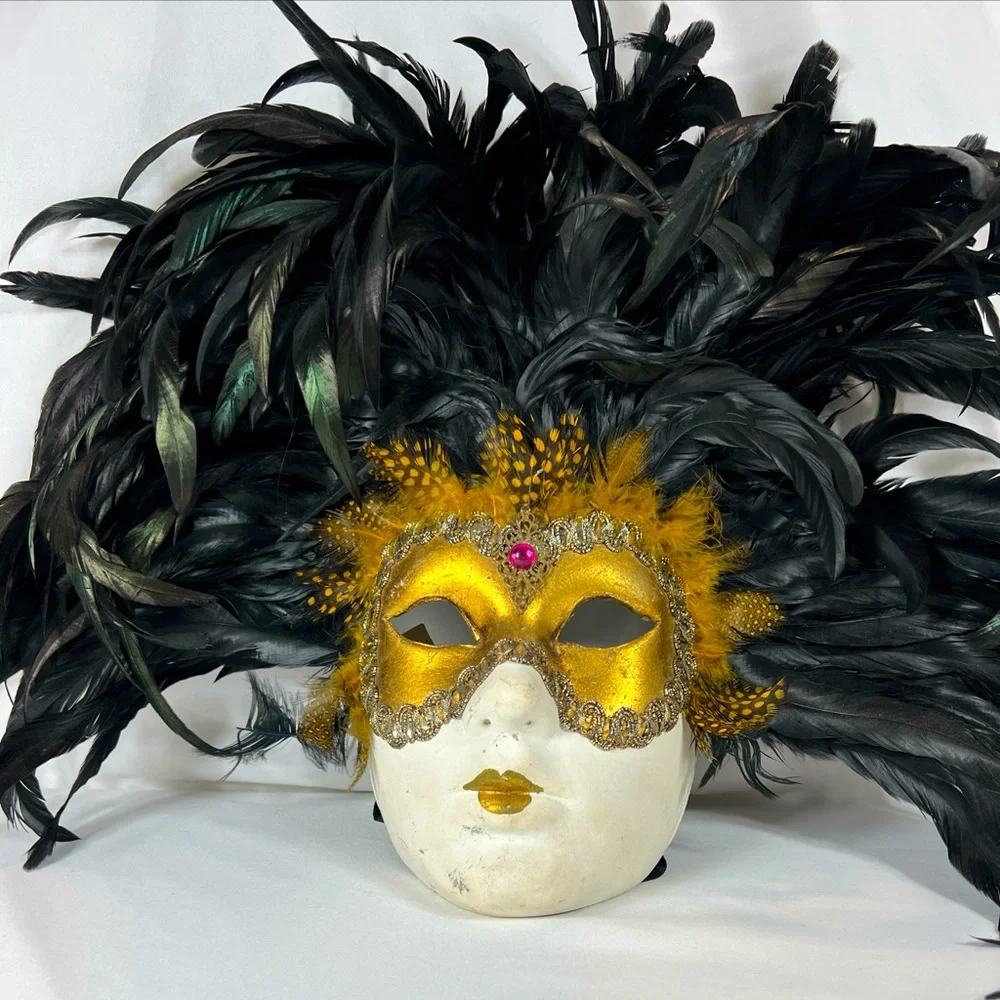 Mask Venice Volto IN Feathers Rooster Golden‎ Black Green- Venetian Luxury 1374